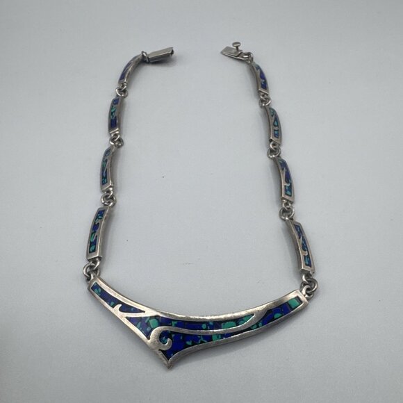 925 Vintage Sterling Silver Turquoise Collar Choker TA-217 Mexico Necklace 16" - Picture 4 of 7